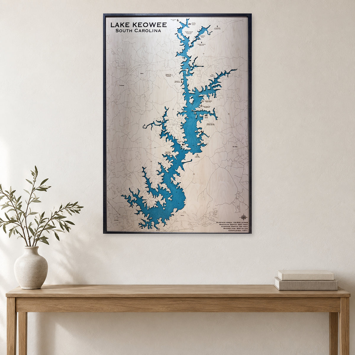 Keowee Large Engraved wood map — single layer with engraved contours, staged room mockup