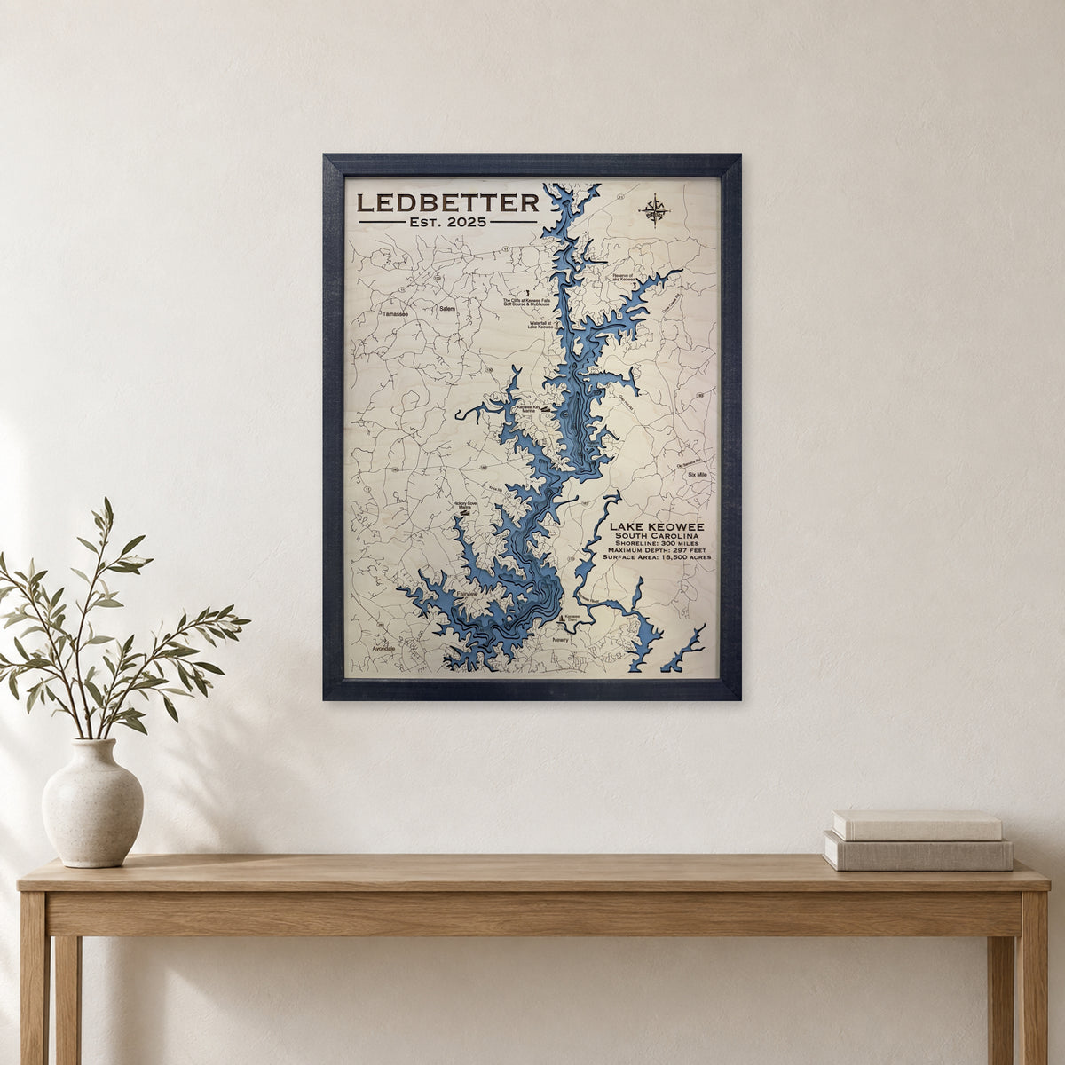 Keowee Ledbetter wood map — multilayer, staged room mockup