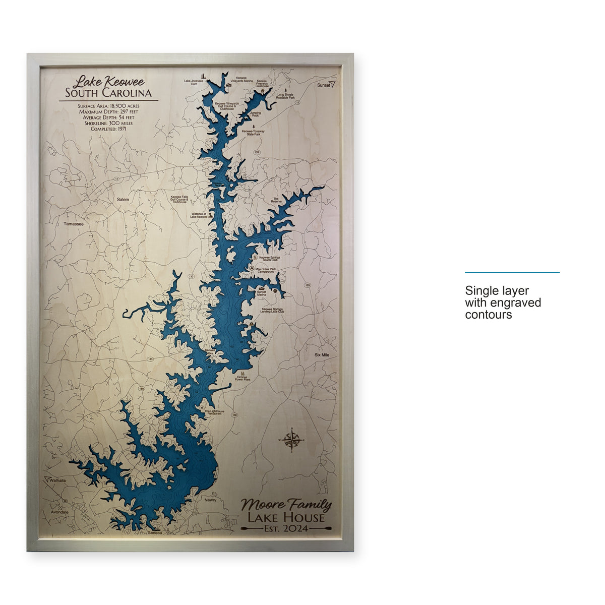 Keowee Moore wood map — single layer with engraved contours, layer option shown
