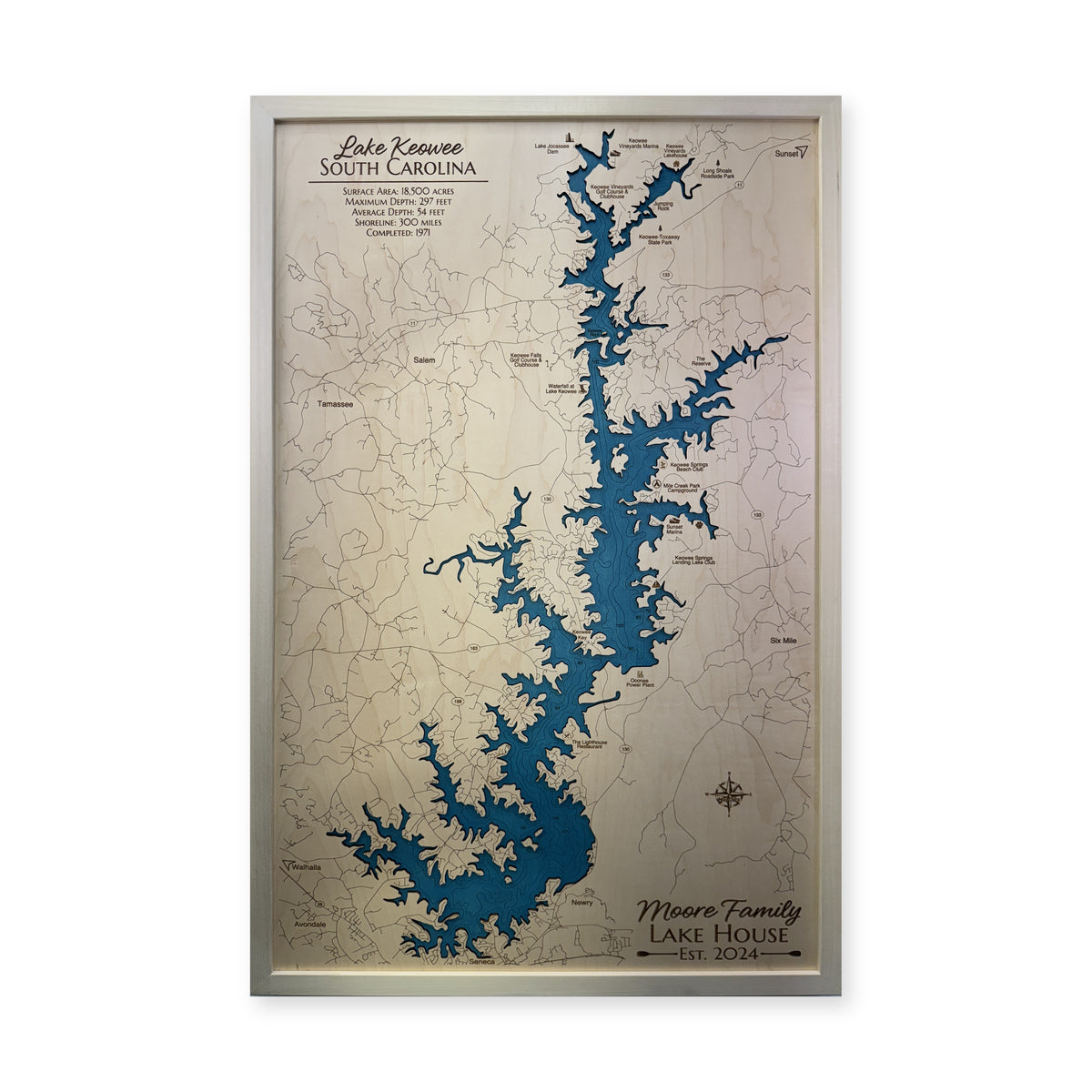 Keowee Moore wood map — single layer with engraved contours, white background