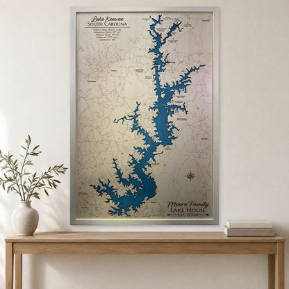 Keowee Moore wood map — single layer with engraved contours, staged room mockup
