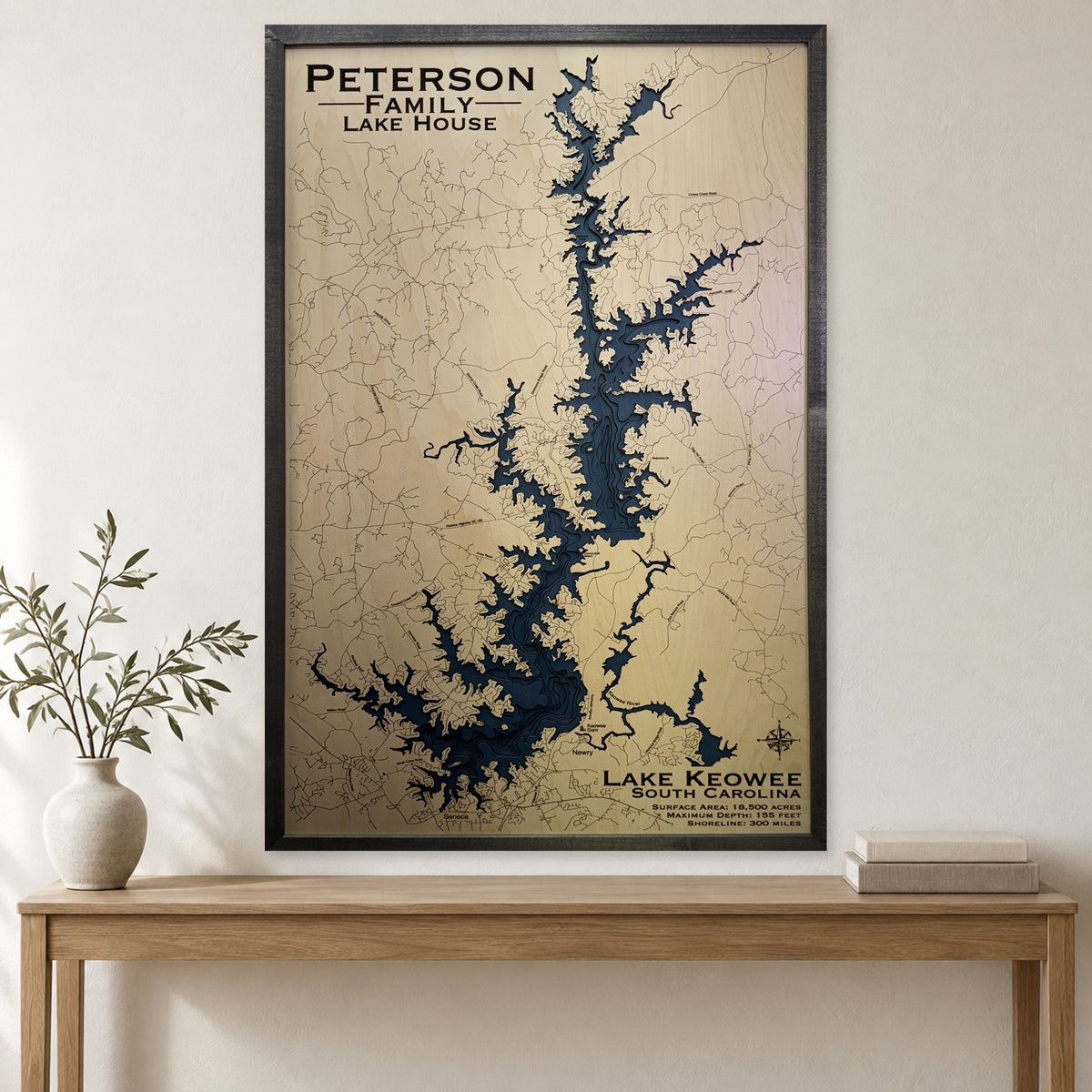 Keowee Peterson wood map — multilayer, staged room mockup