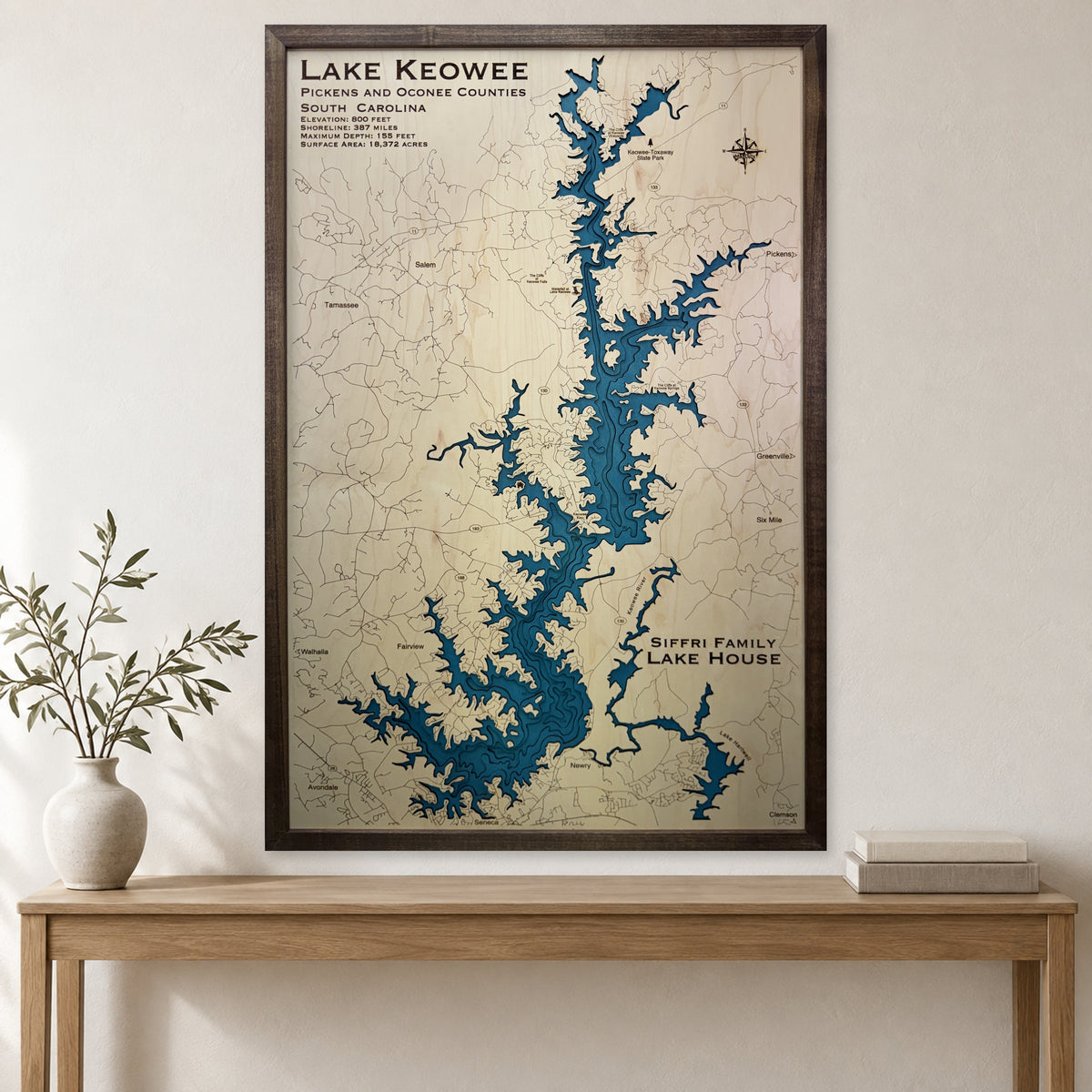 Keowee Siffri wood map — multilayer, staged room mockup