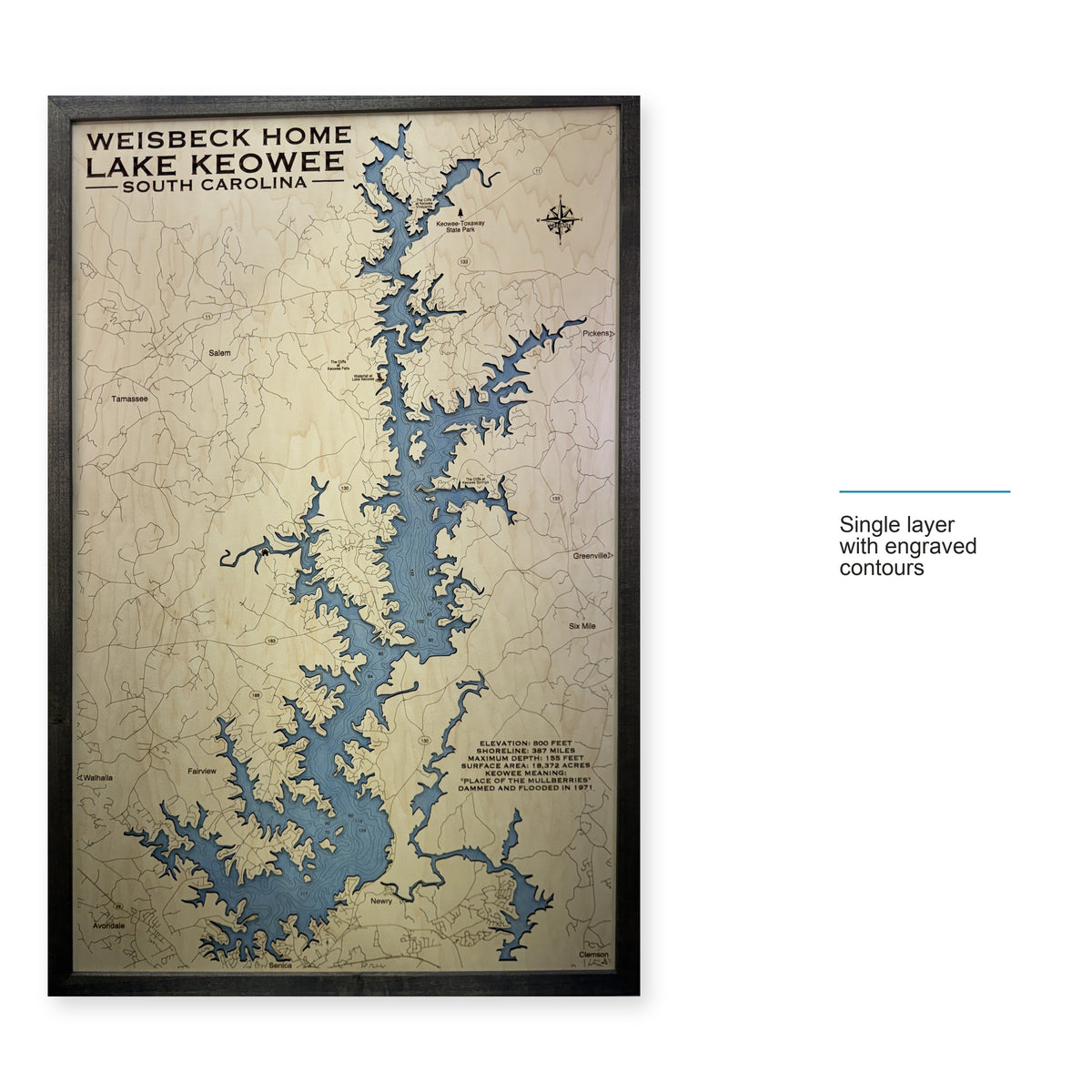 Keowee Weisbeck wood map — single layer with engraved contours, layer option shown