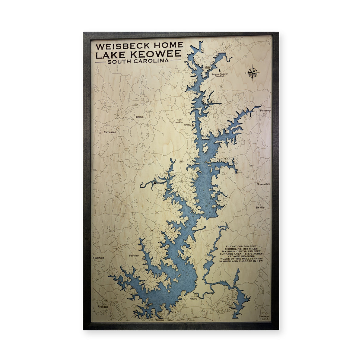 Keowee Weisbeck wood map — single layer with engraved contours, white background