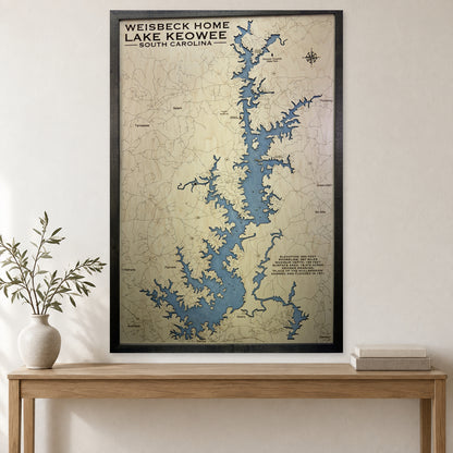 Keowee Weisbeck wood map — single layer with engraved contours, staged room mockup