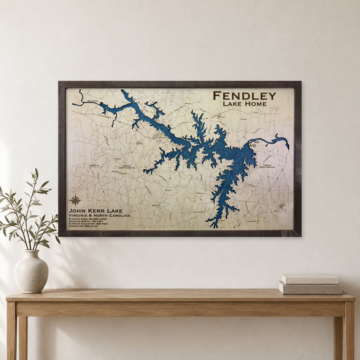 Kerr Fendley wood map — single layer with engraved contours, staged room mockup