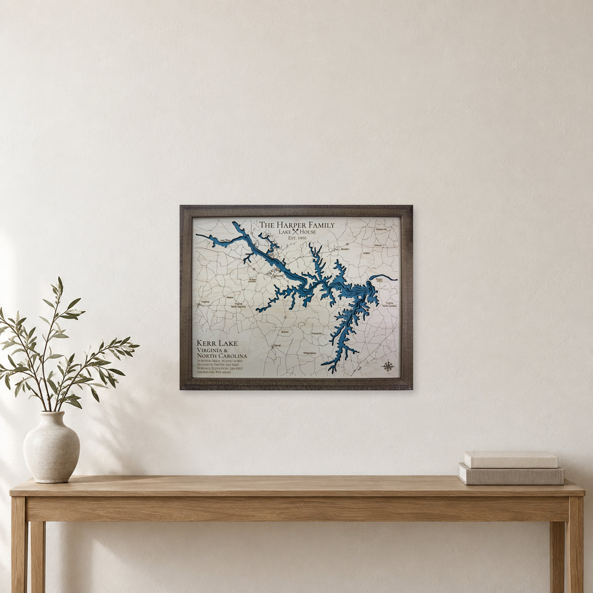 Kerr Harper wood map — multilayer, staged room mockup