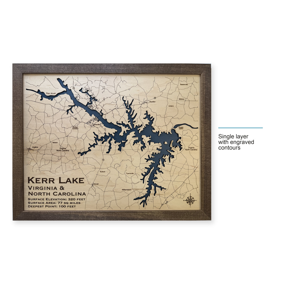 Kerr Lake wood map — single layer with engraved contours, layer option shown