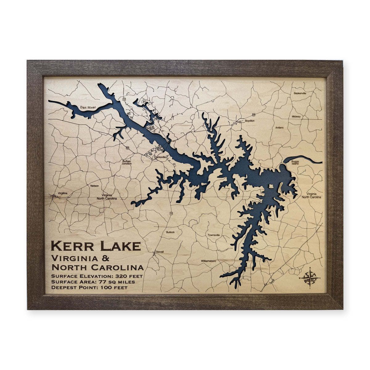 Kerr Lake wood map — single layer with engraved contours, white background