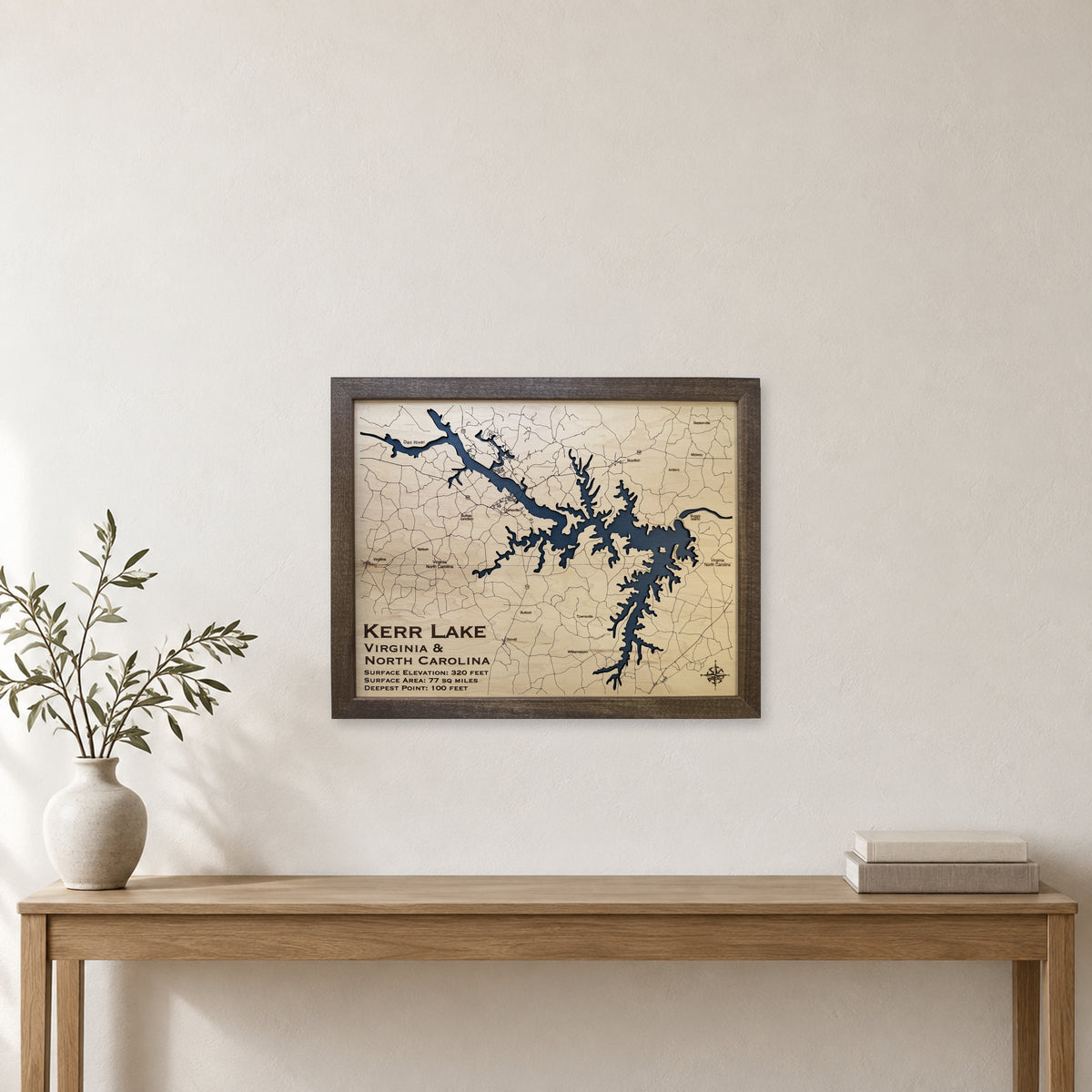 Kerr Lake wood map — single layer with engraved contours, staged room mockup