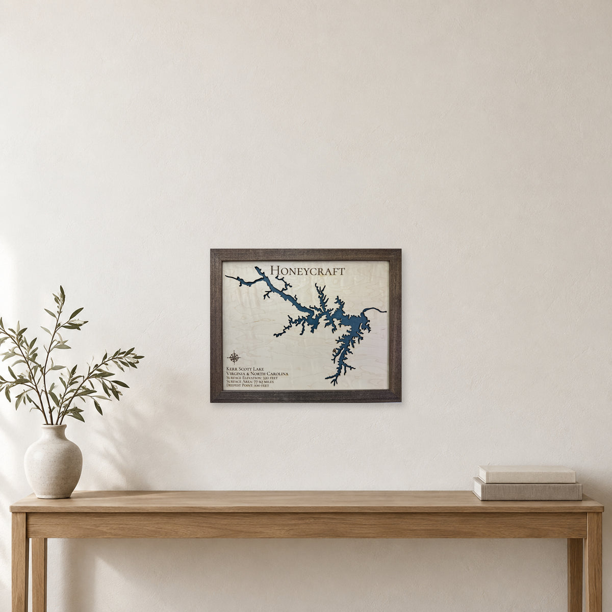 Kerr Scott Honeycraft wood map — single layer, staged room mockup