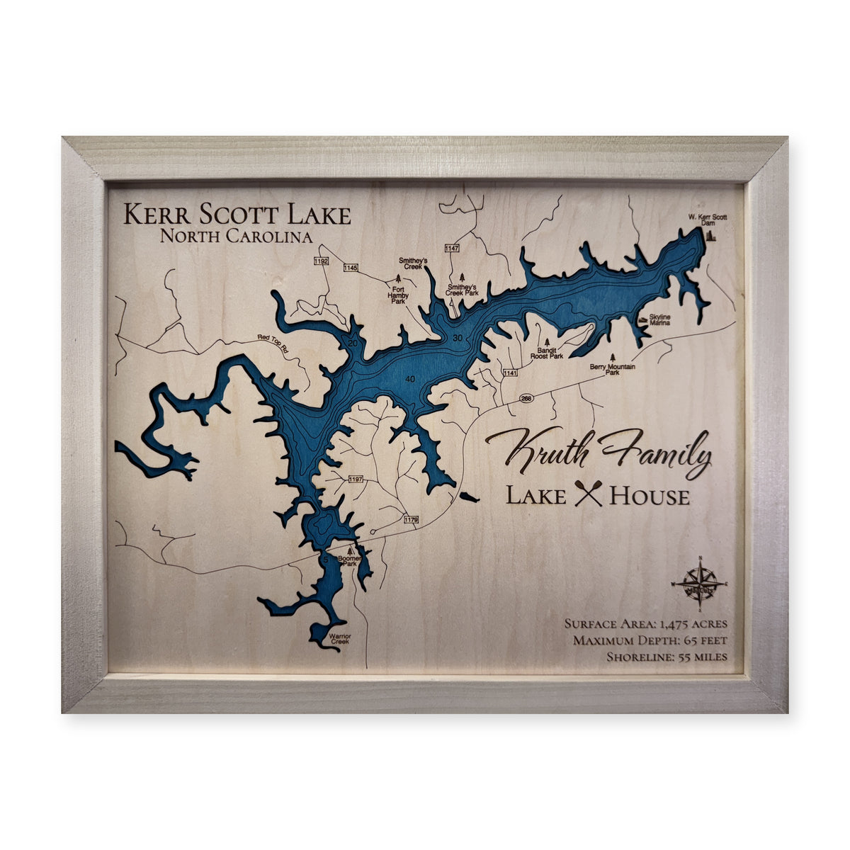 Kerr Scott Kruth wood map — single layer with engraved contours, white background