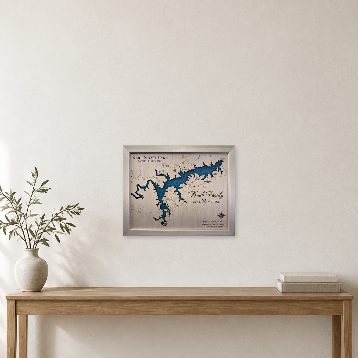 Kerr Scott Kruth wood map — single layer with engraved contours, staged room mockup