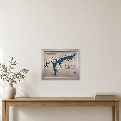 Kerr Scott Kruth wood map — single layer with engraved contours, staged room mockup