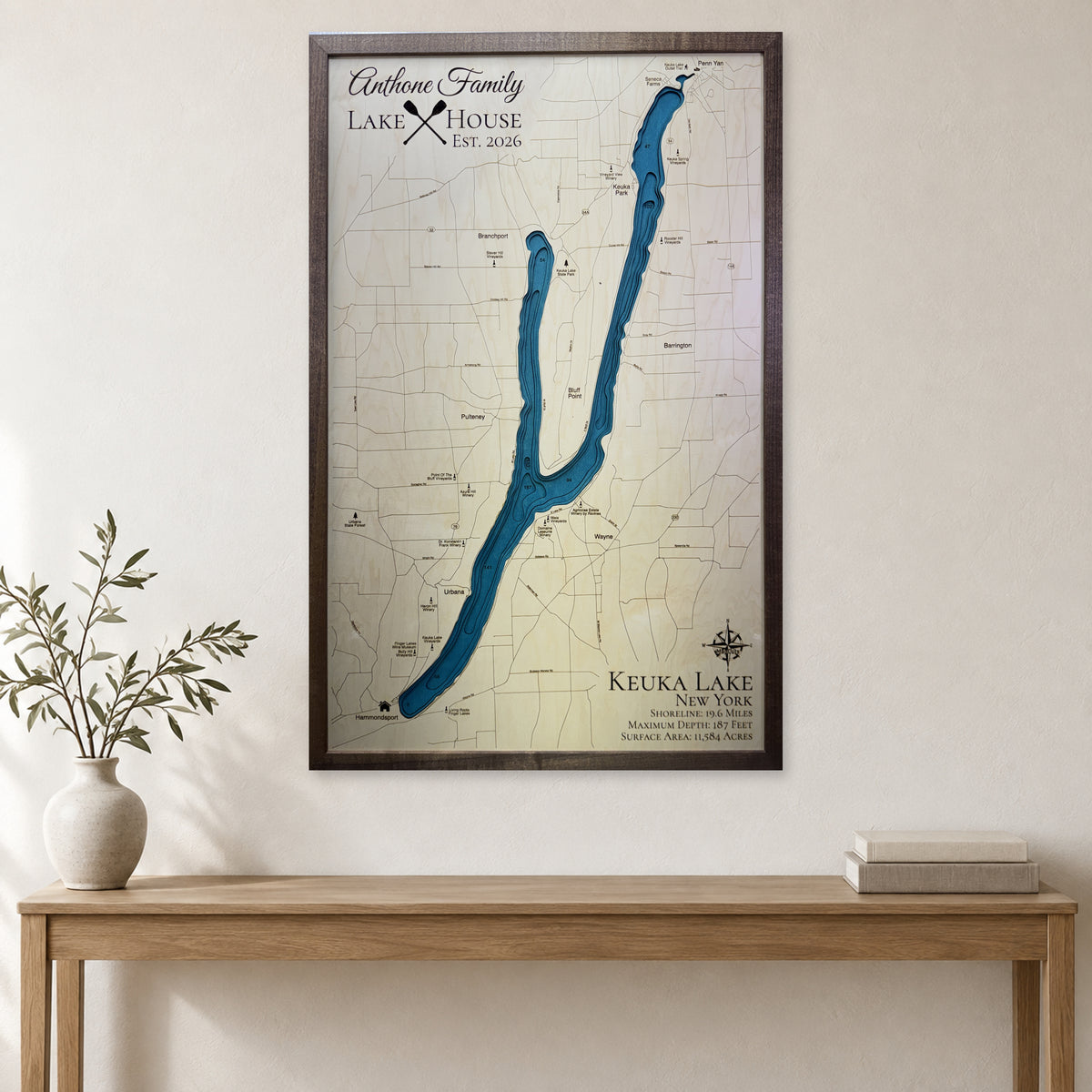 Keuka Anthone wood map — multilayer, staged room mockup