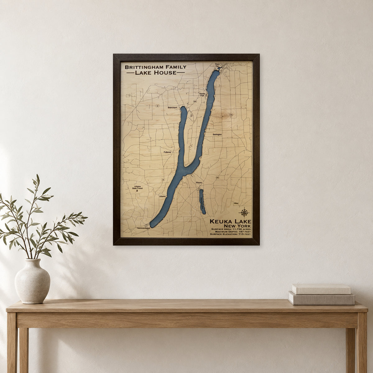 Keuka Brittingham wood map — single layer, staged room mockup