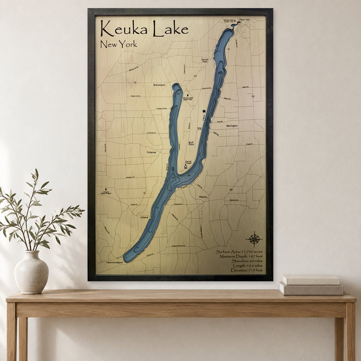 Keuka Charcoal Multi wood map — multilayer, staged room mockup