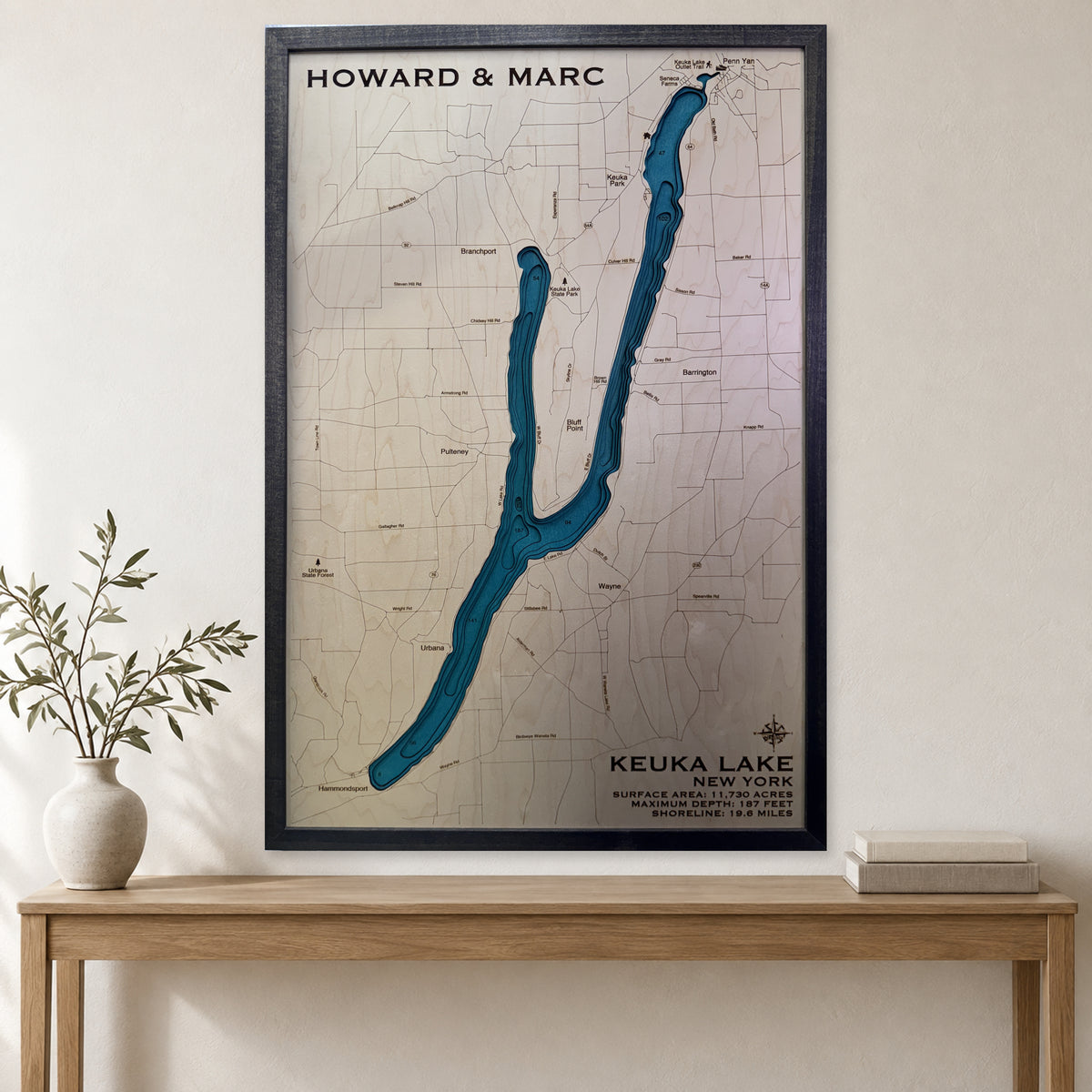 Keuka Howard Marc wood map — multilayer, staged room mockup