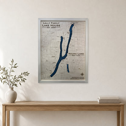 Keuka Lally wood map — multilayer, staged room mockup