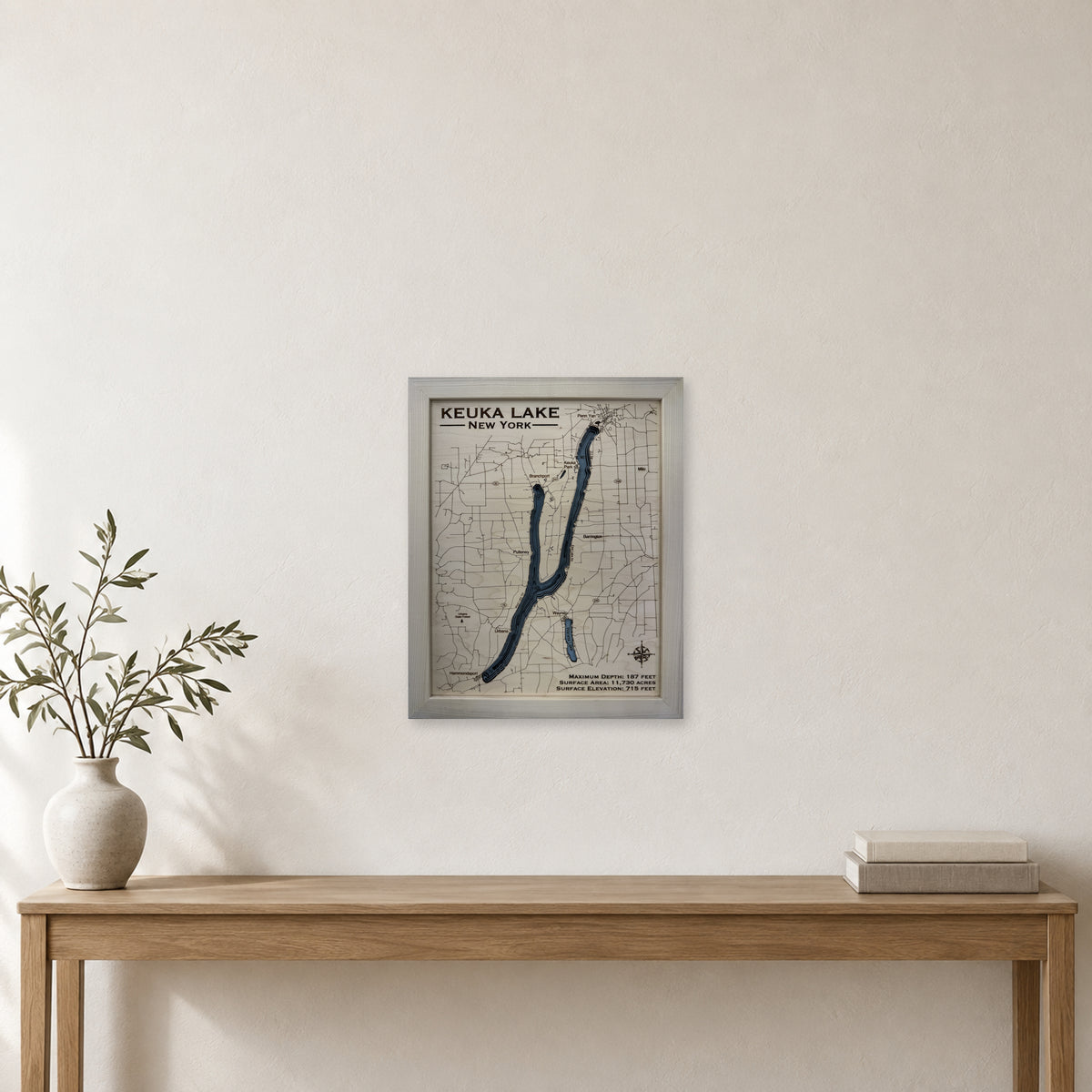 Keuka Natural wood map — multilayer, staged room mockup