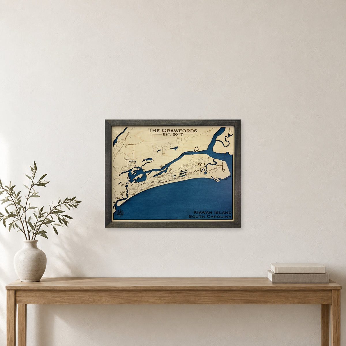 Kiawah Crawford wood map — single layer, staged room mockup