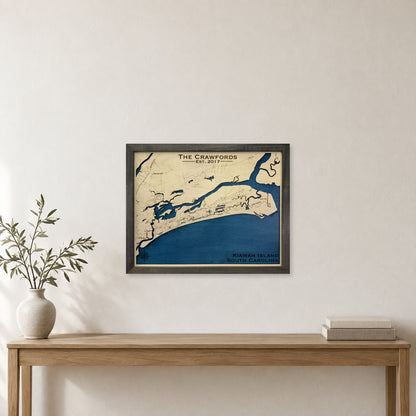 Kiawah Crawford wood map — single layer, staged room mockup