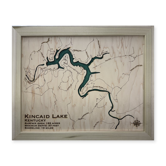 Kincaid Lake wood map — single layer with engraved contours, white background