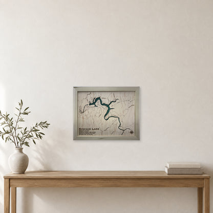 Kincaid Lake wood map — single layer with engraved contours, staged room mockup