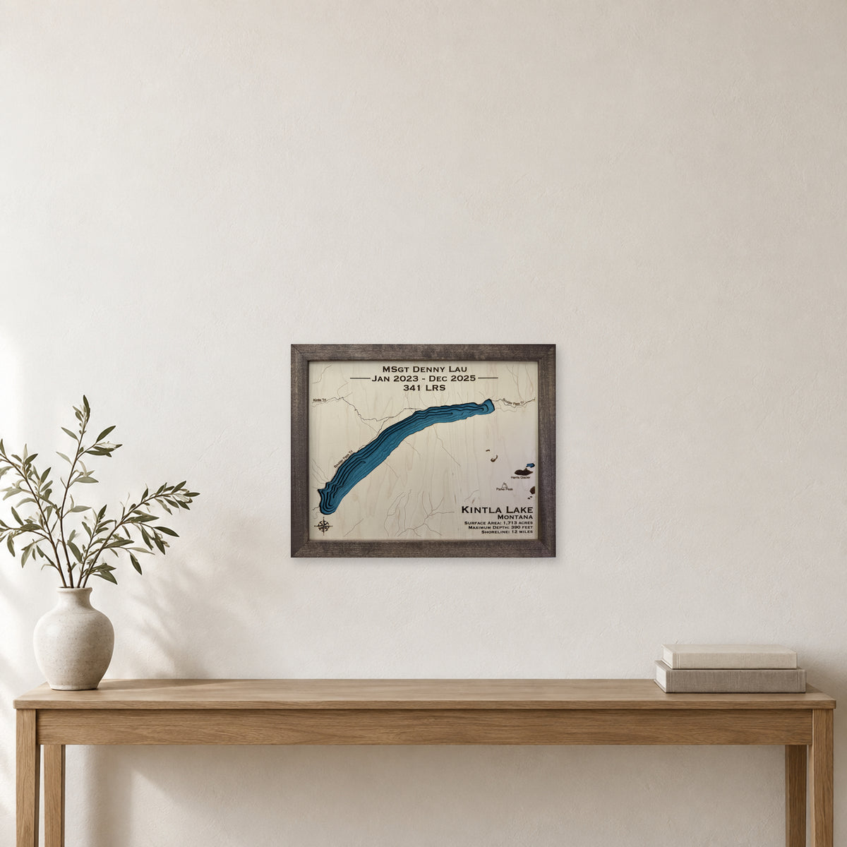 Kintla Lau wood map — multilayer, staged room mockup