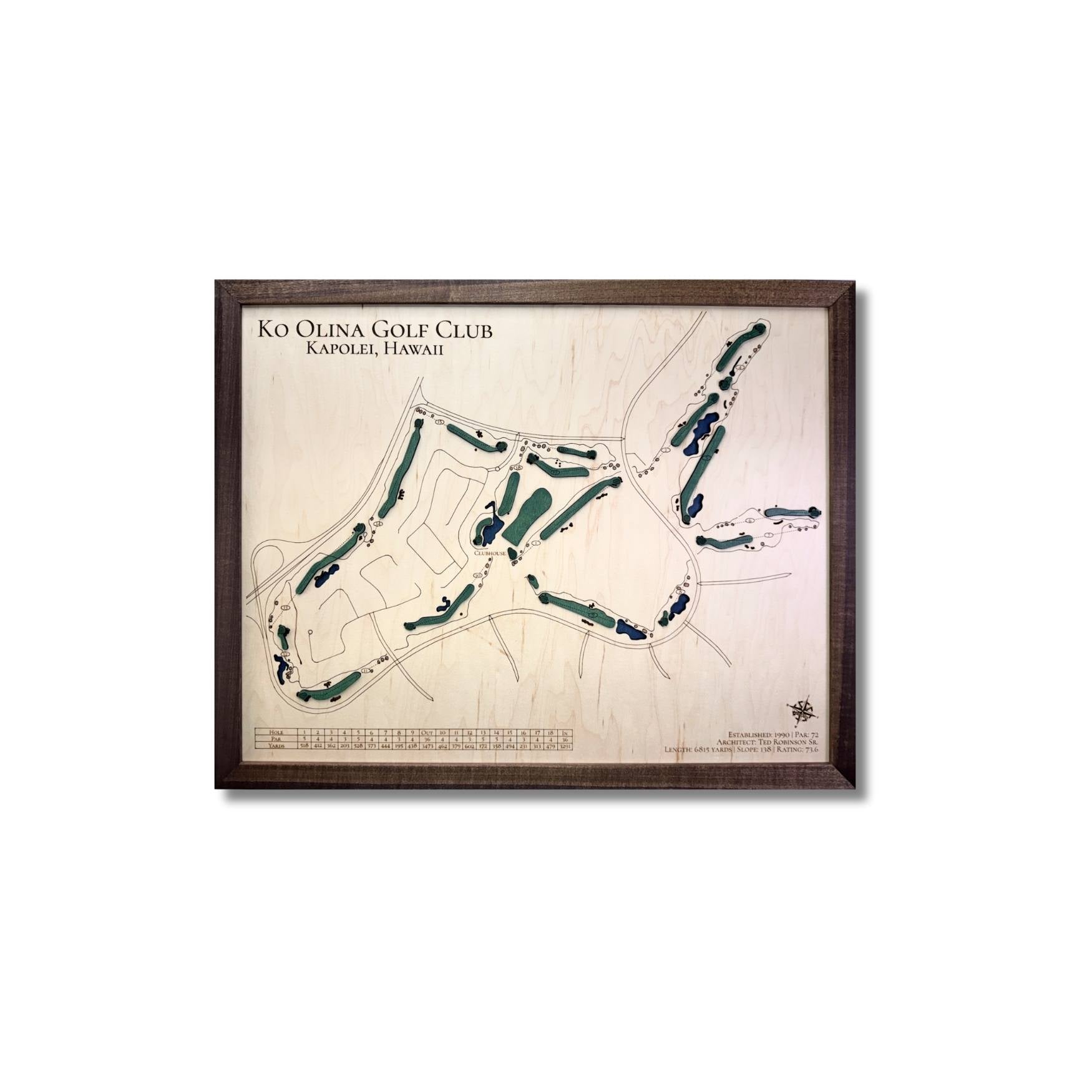 Framed wooden golf map of Ko Olina Golf Club on a white background.