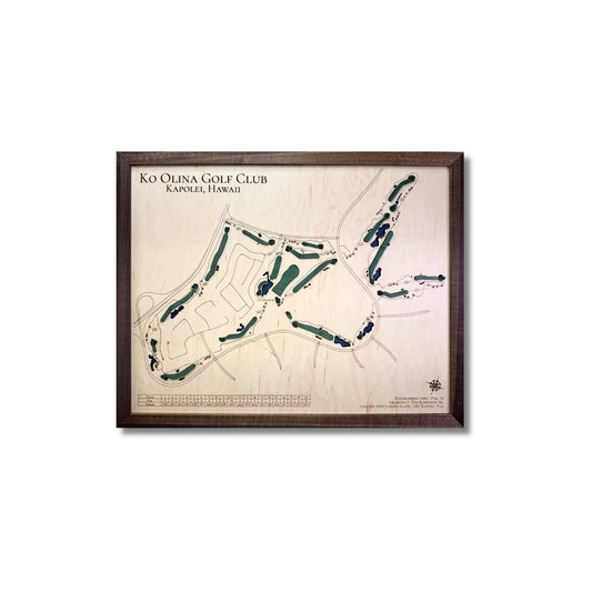 Framed wooden golf map of Ko Olina Golf Club on a white background.