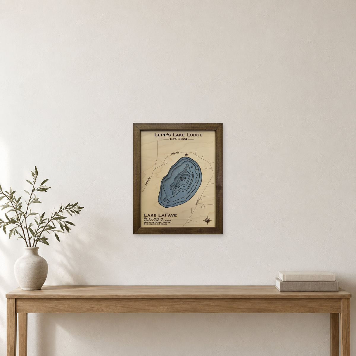 Lafave Lepp wood map — multilayer, staged room mockup