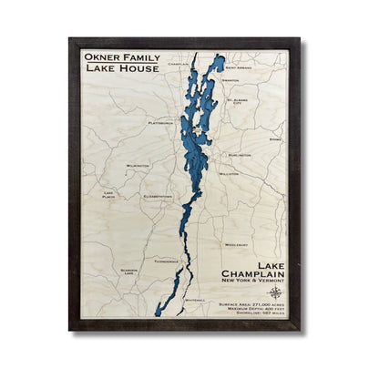 Lake Champlain wooden map with personalized title and black frame on a white background. 