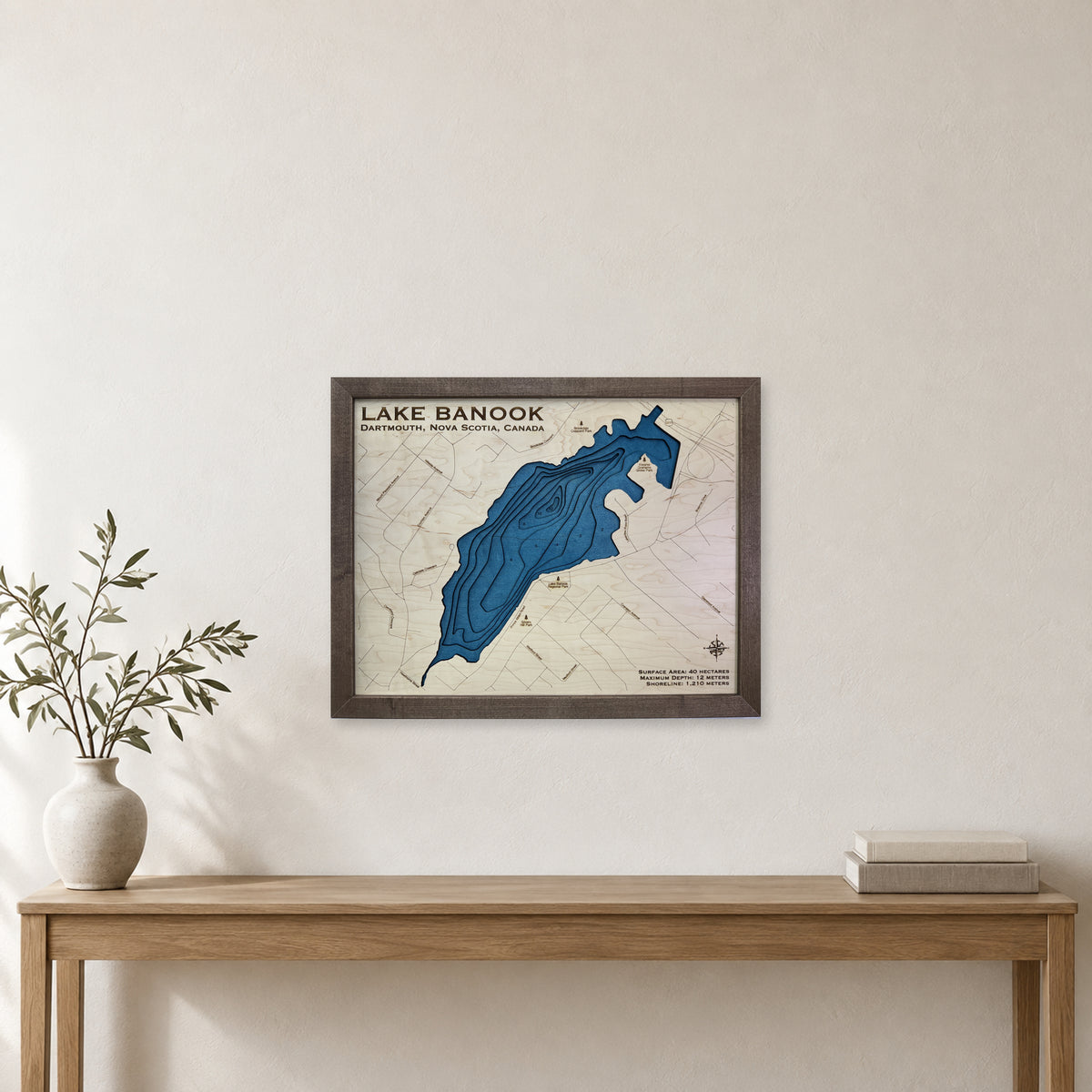 Lake Banook wood map — multilayer, staged room mockup