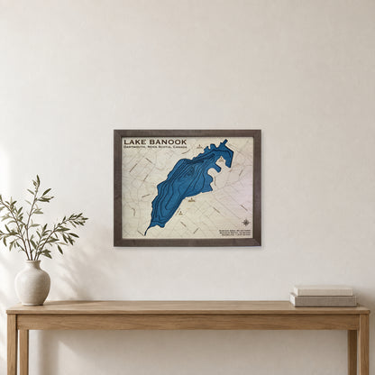 Lake Banook wood map — multilayer, staged room mockup