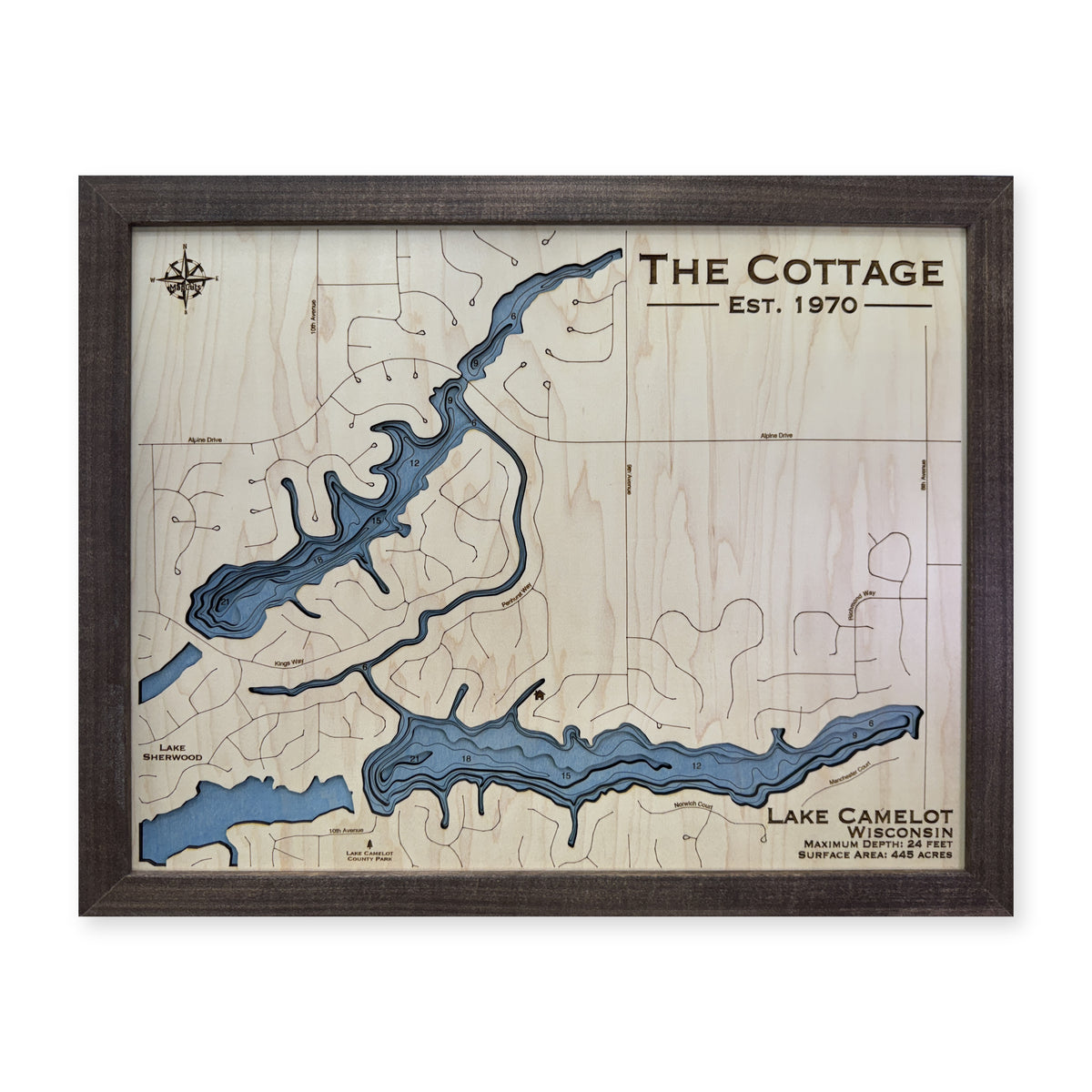 Lake Camelot Cottage wood map — multilayer, white background