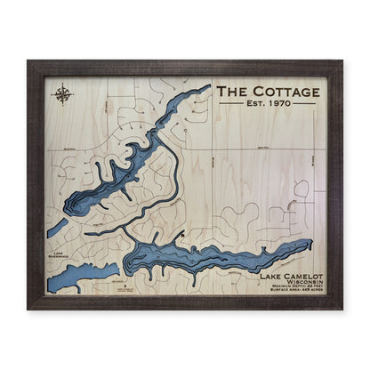 Lake Camelot Cottage wood map — multilayer, white background