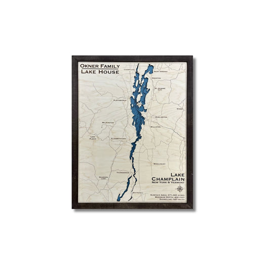 Custom wooden Lake Champlain multi water layer map with black frame. 