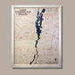 Multi water layer map of Lake Champlain with a dark blue water stain color and a natural colored frame. 