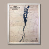 Multi water layer map of Lake Champlain with a dark blue water stain color and a natural colored frame. 