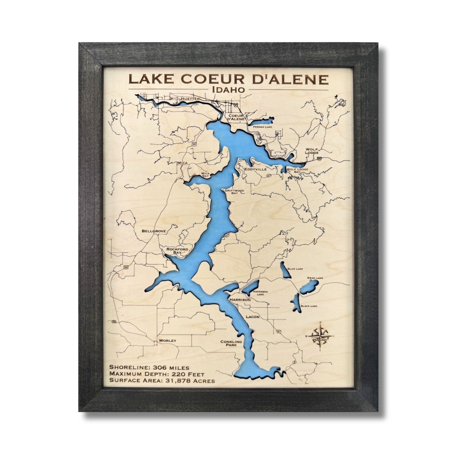 Framed single water layer map of Lake Coeur d'Alene, Idaho with a black frame.