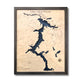 Framed multilayer wood map of Lake Coeur d'Alene with a dark water stain color. 