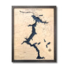 Framed multilayer wood map of Lake Coeur d'Alene with a dark water stain color. 