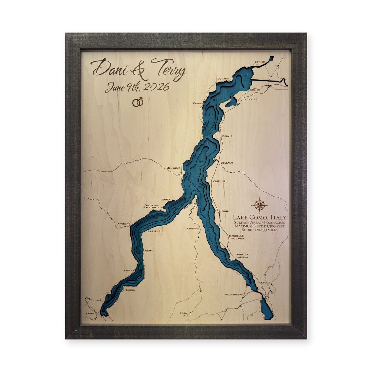 Lake Como wood map — multilayer, white background