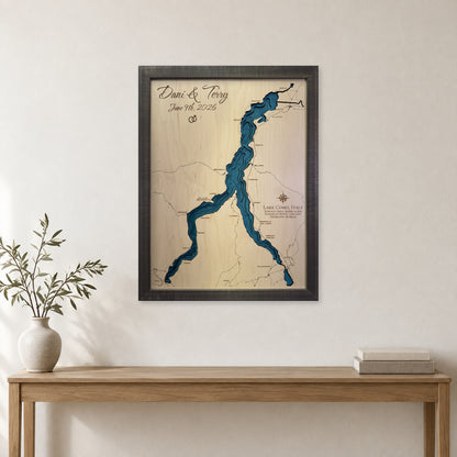 Lake Como wood map — multilayer, staged room mockup