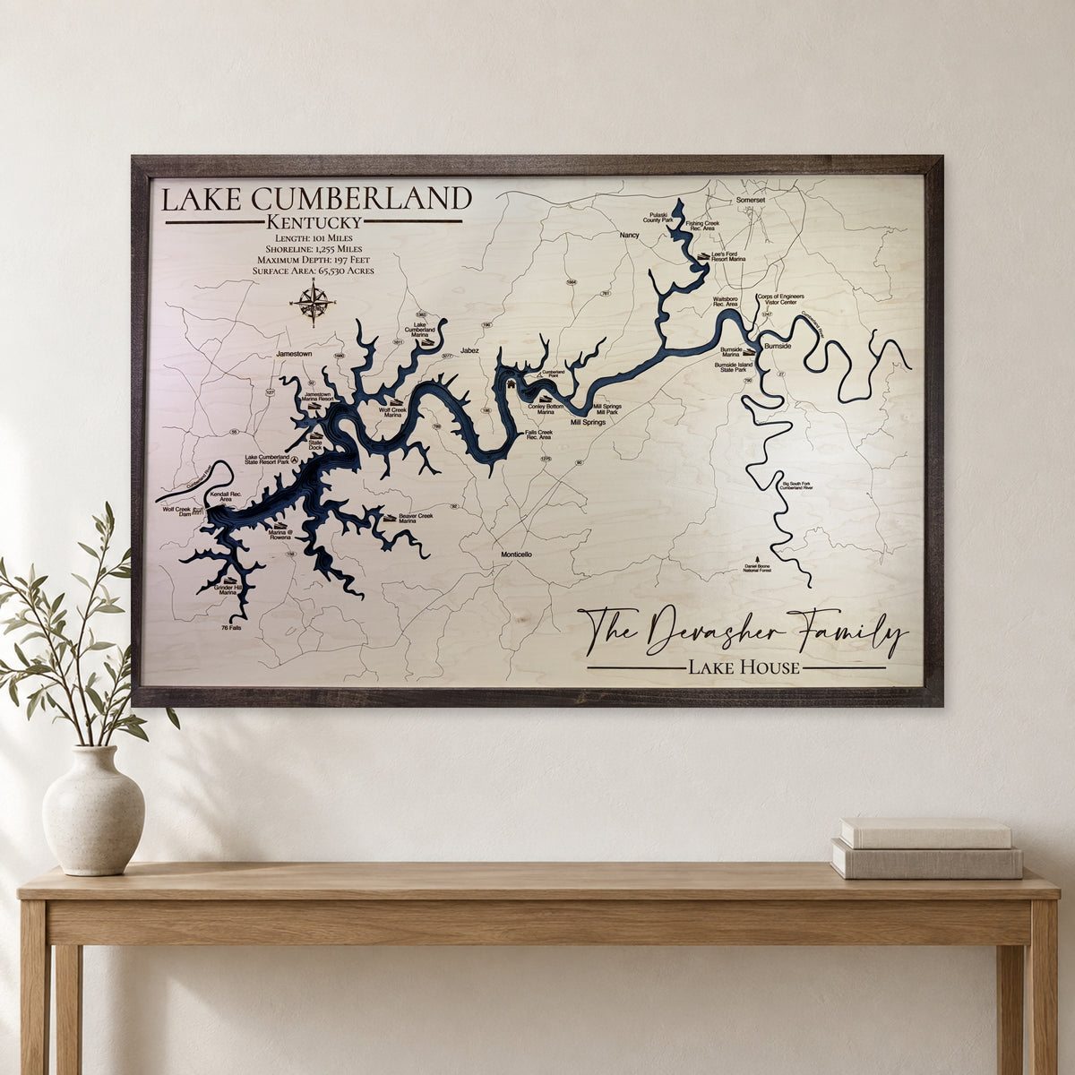 Lake Cumberland wood map — single layer, staged room mockup