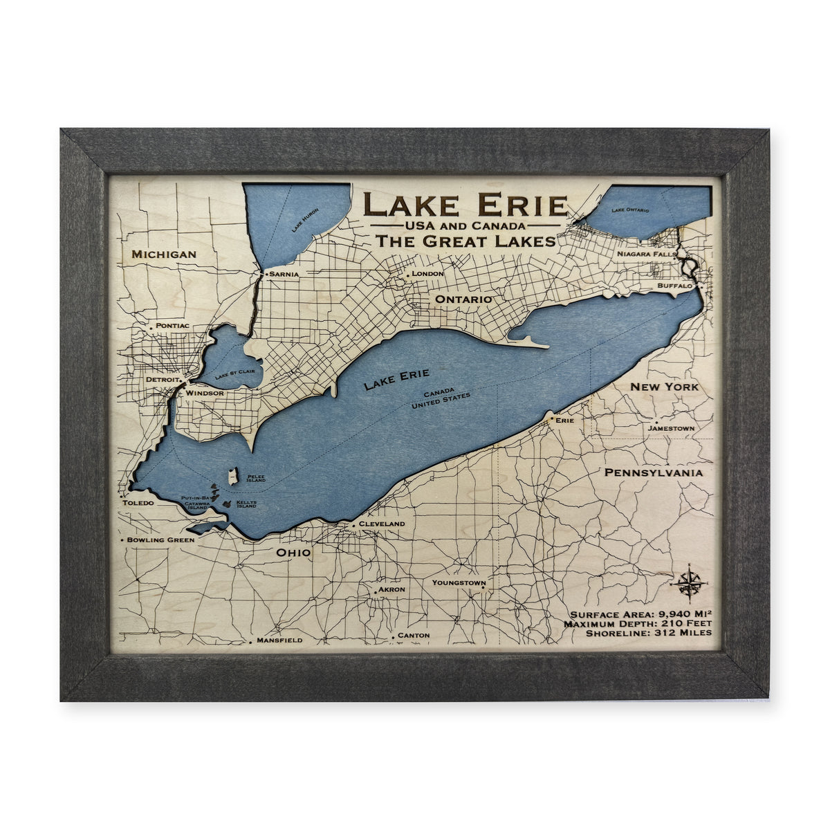 Lake Erie Black Single wood map — single layer, white background