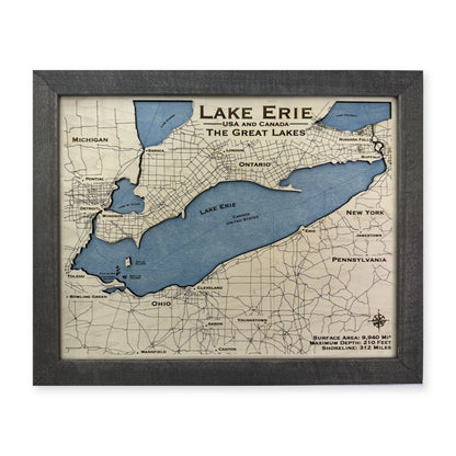 Lake Erie Black Single wood map — single layer, white background