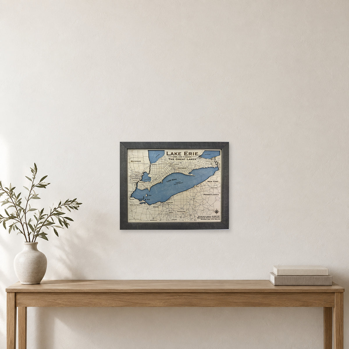 Lake Erie Black Single wood map — single layer, staged room mockup